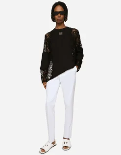 Long-sleeved T-shirt with lace inserts