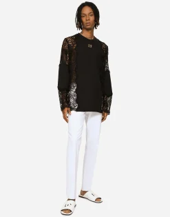 Long-sleeved T-shirt with lace inserts