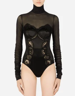 Long-sleeved tulle and lace bodysuit