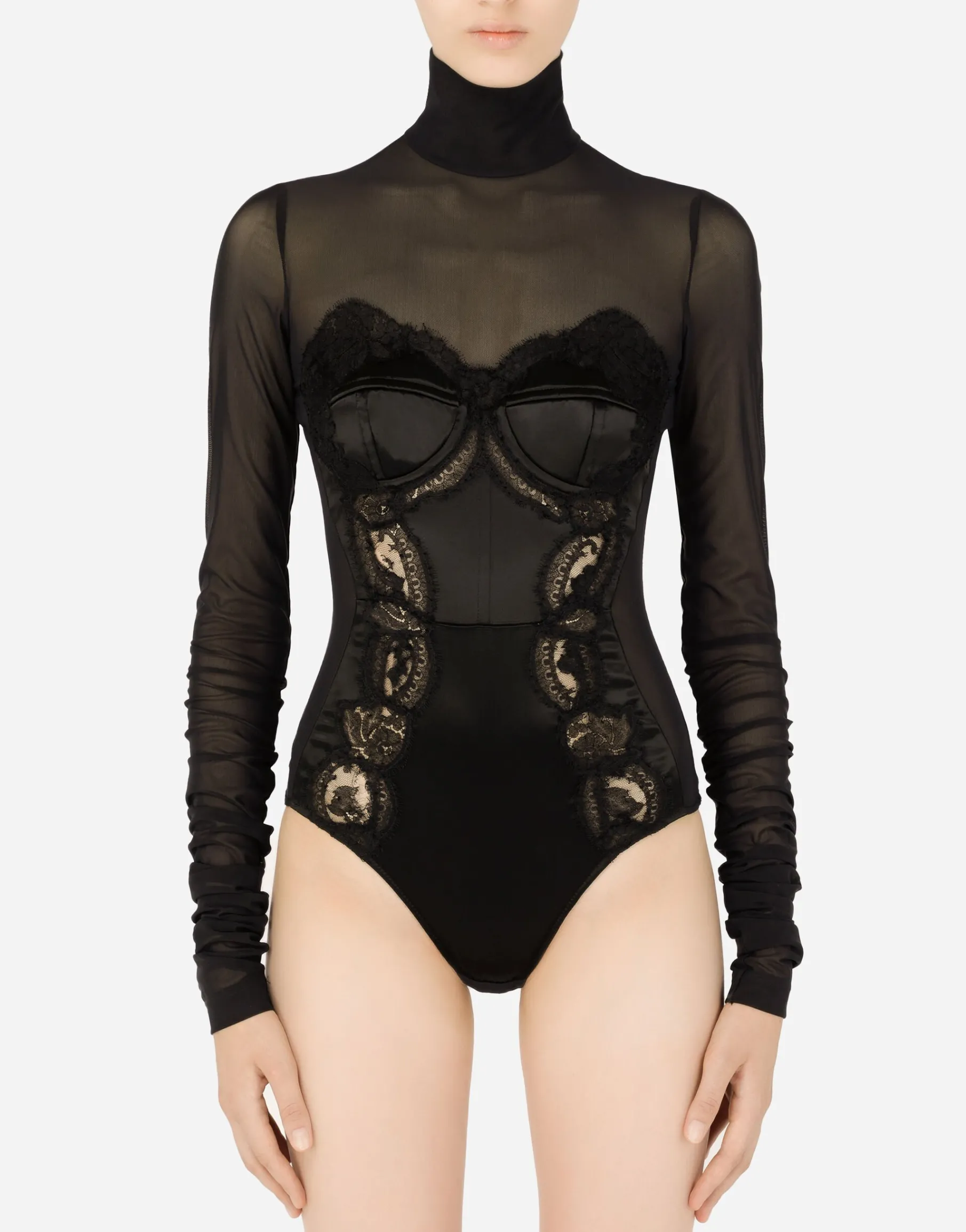 Long-sleeved tulle and lace bodysuit
