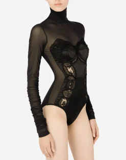 Long-sleeved tulle and lace bodysuit