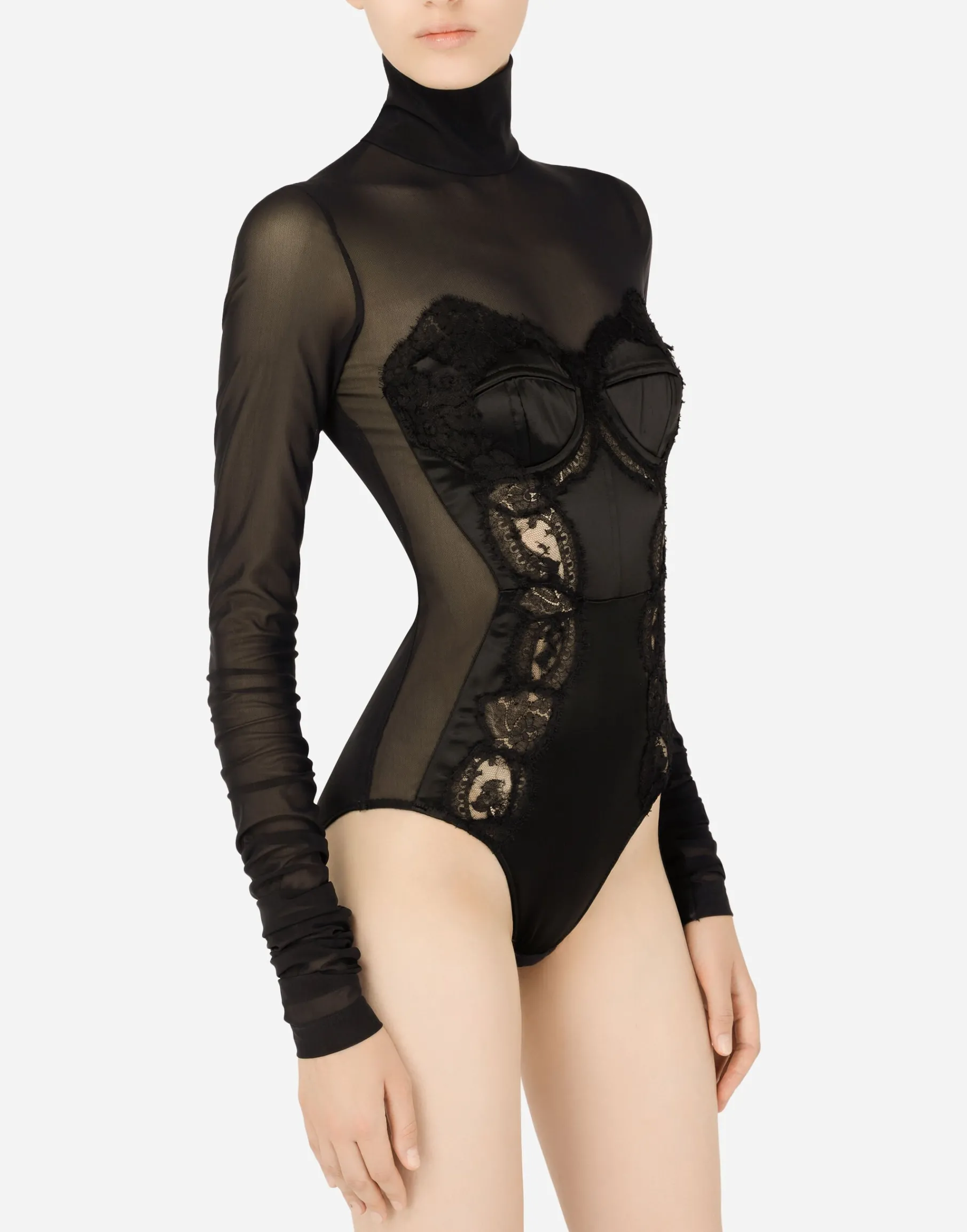 Long-sleeved tulle and lace bodysuit