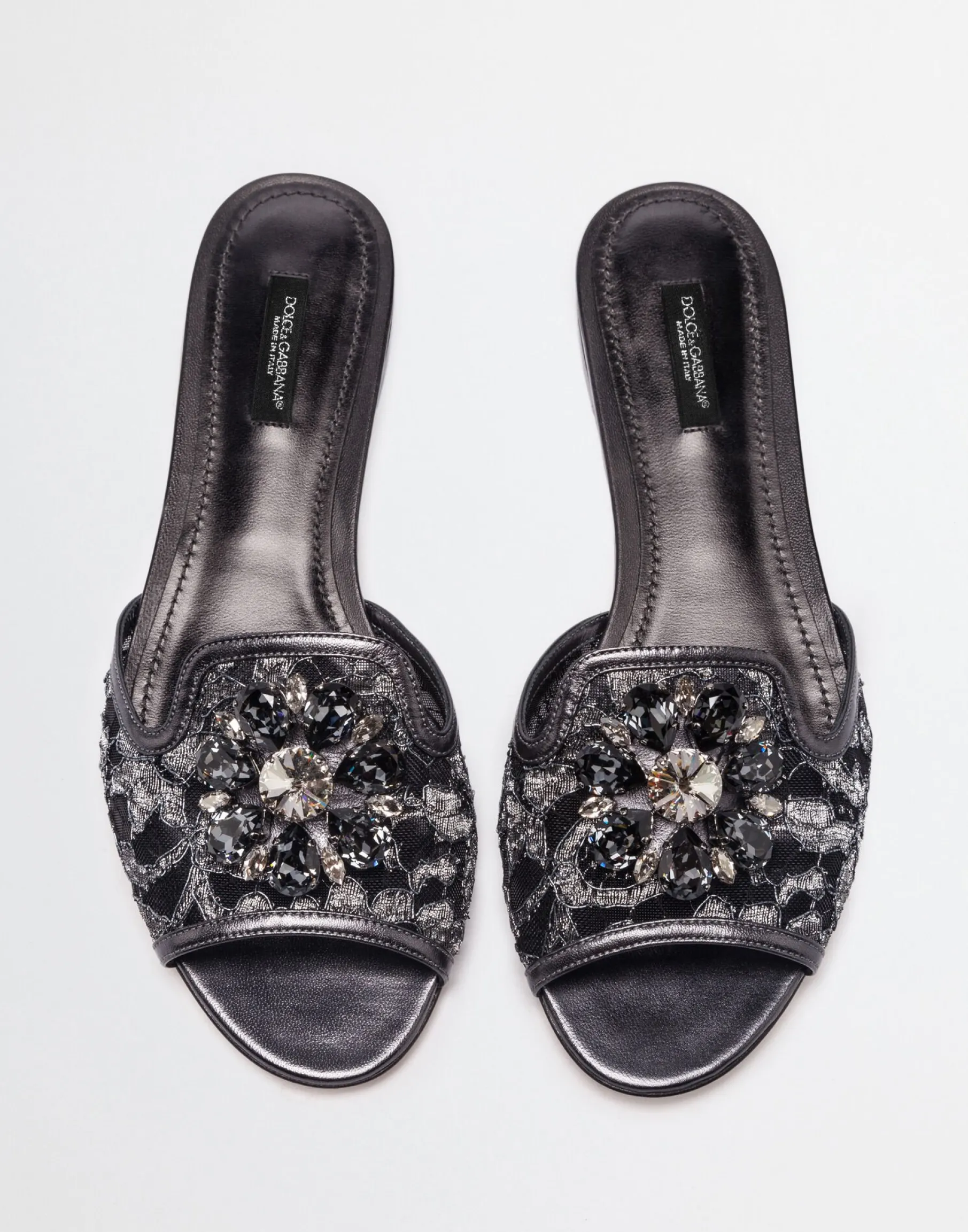 Lurex lace rainbow slides with brooch detailing