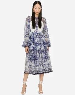 Majolica print chiffon midi dress
