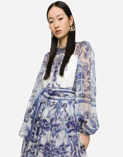 Majolica print chiffon midi dress