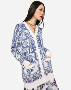 Majolica-design silk jacquard cardigan