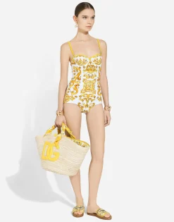 Majolica-print balconette one-piece swimsuit