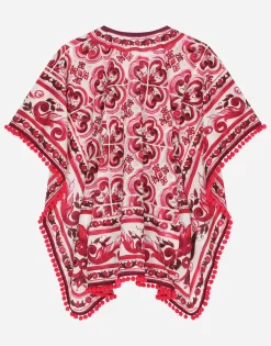 Majolica-print batiste caftan with drawstring waist