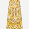 Majolica-print brocade calf-length skirt