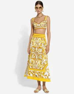 Majolica-print brocade calf-length skirt
