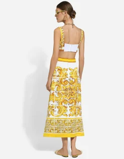 Majolica-print brocade calf-length skirt
