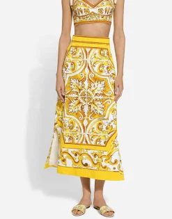 Majolica-print brocade calf-length skirt