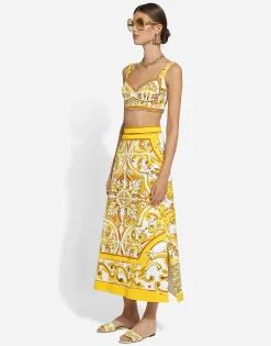 Majolica-print brocade calf-length skirt