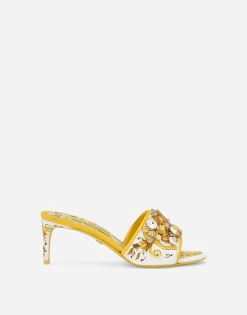 Majolica-print brocade mules with embroidery