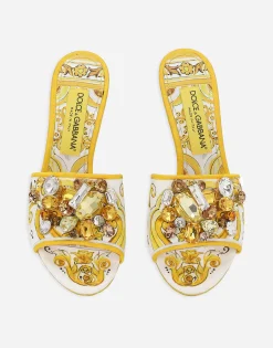 Majolica-print brocade mules with embroidery