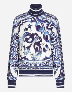 Majolica-print cady sweatshirt with zipper