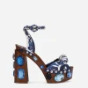 Majolica-print canvas wedge sandals with gemstones