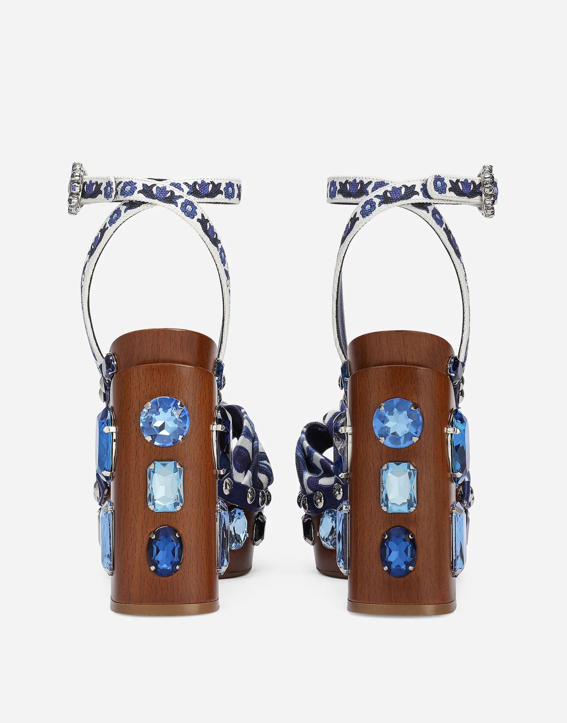 Majolica-print canvas wedge sandals with gemstones