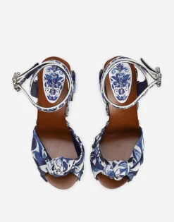 Majolica-print canvas wedge sandals with gemstones