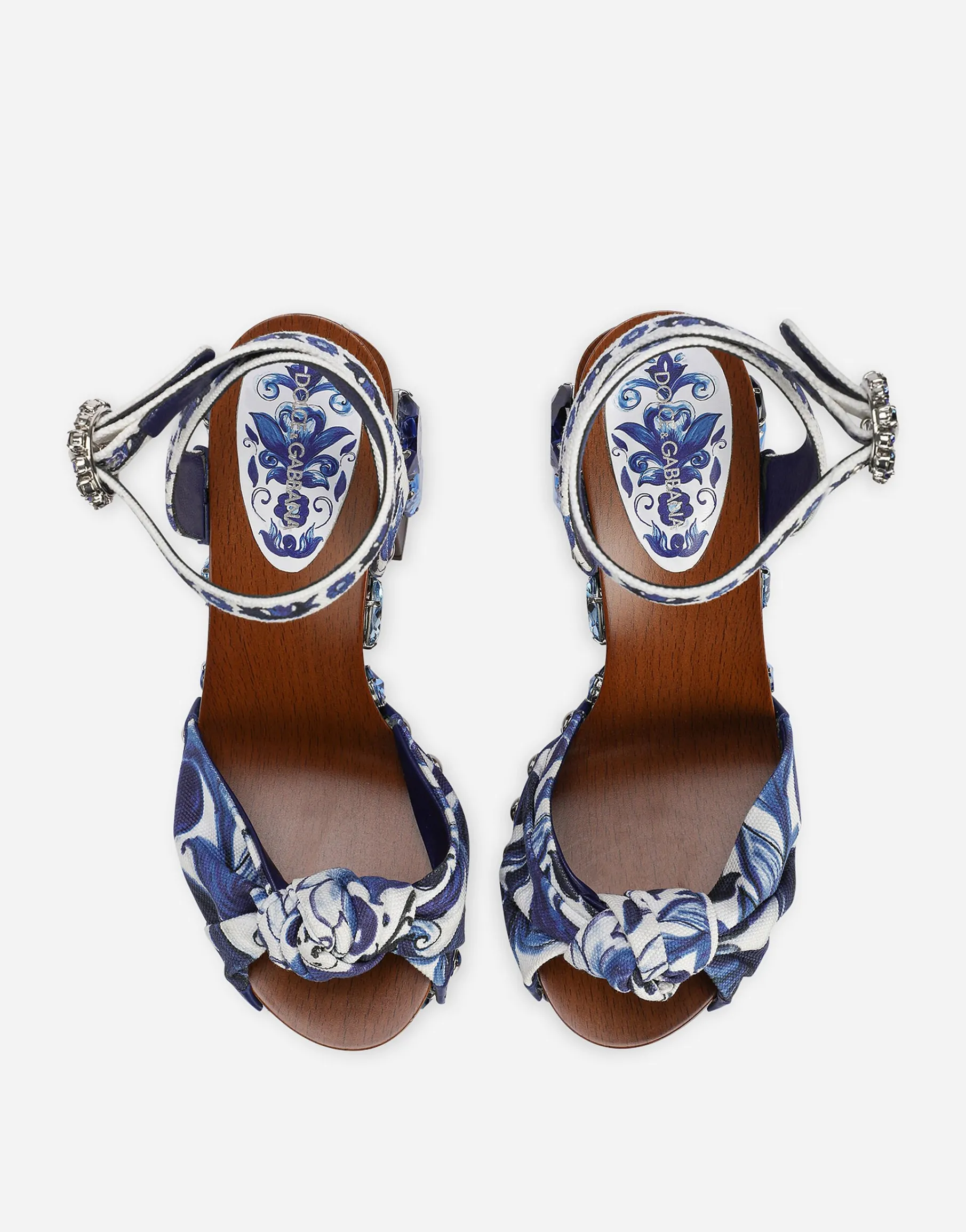 Majolica-print canvas wedge sandals with gemstones