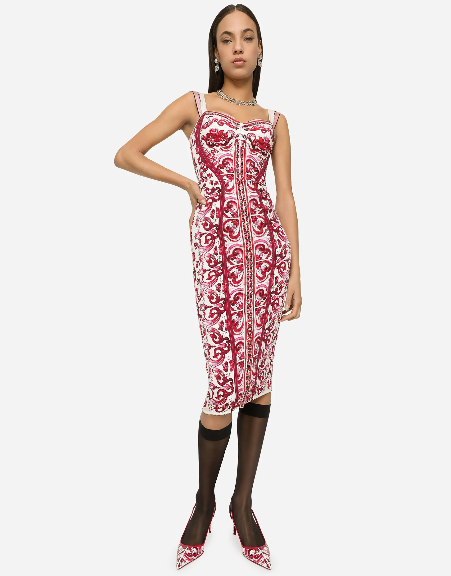 Majolica-print charmeuse bustier dress