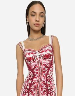 Majolica-print charmeuse bustier dress