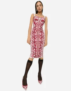 Majolica-print charmeuse bustier dress