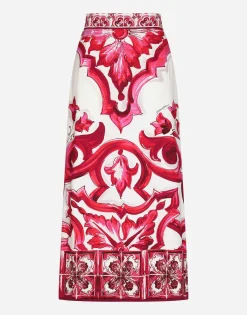 Majolica-print charmeuse calf-length skirt with slit