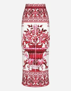 Majolica-print charmeuse calf-length skirt