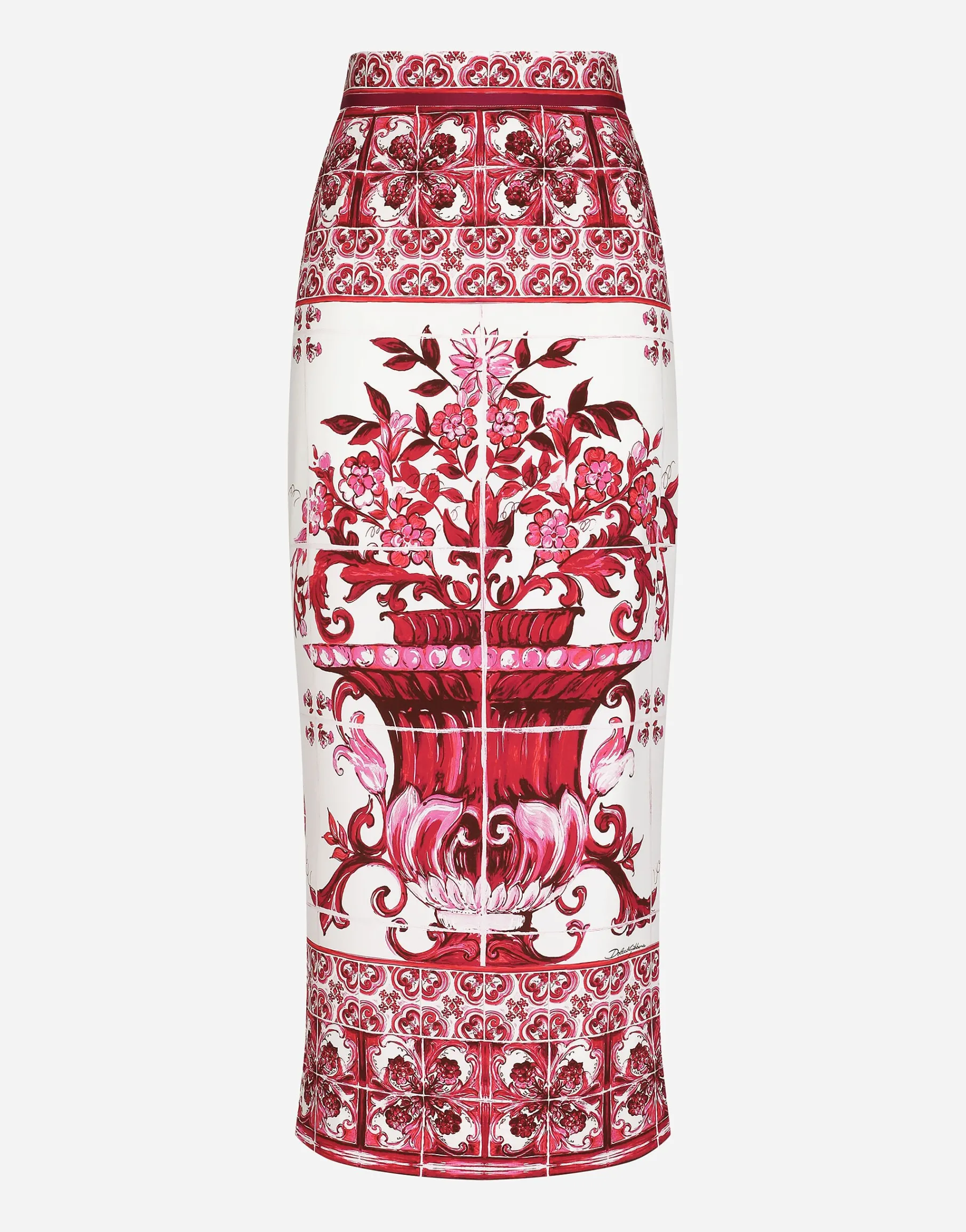 Majolica-print charmeuse calf-length skirt