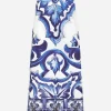 Majolica-print charmeuse calf-length skirt with slit