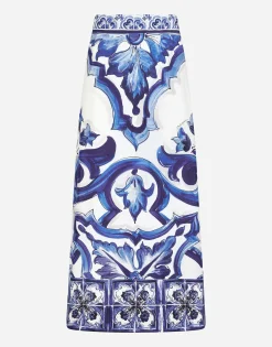 Majolica-print charmeuse calf-length skirt with slit