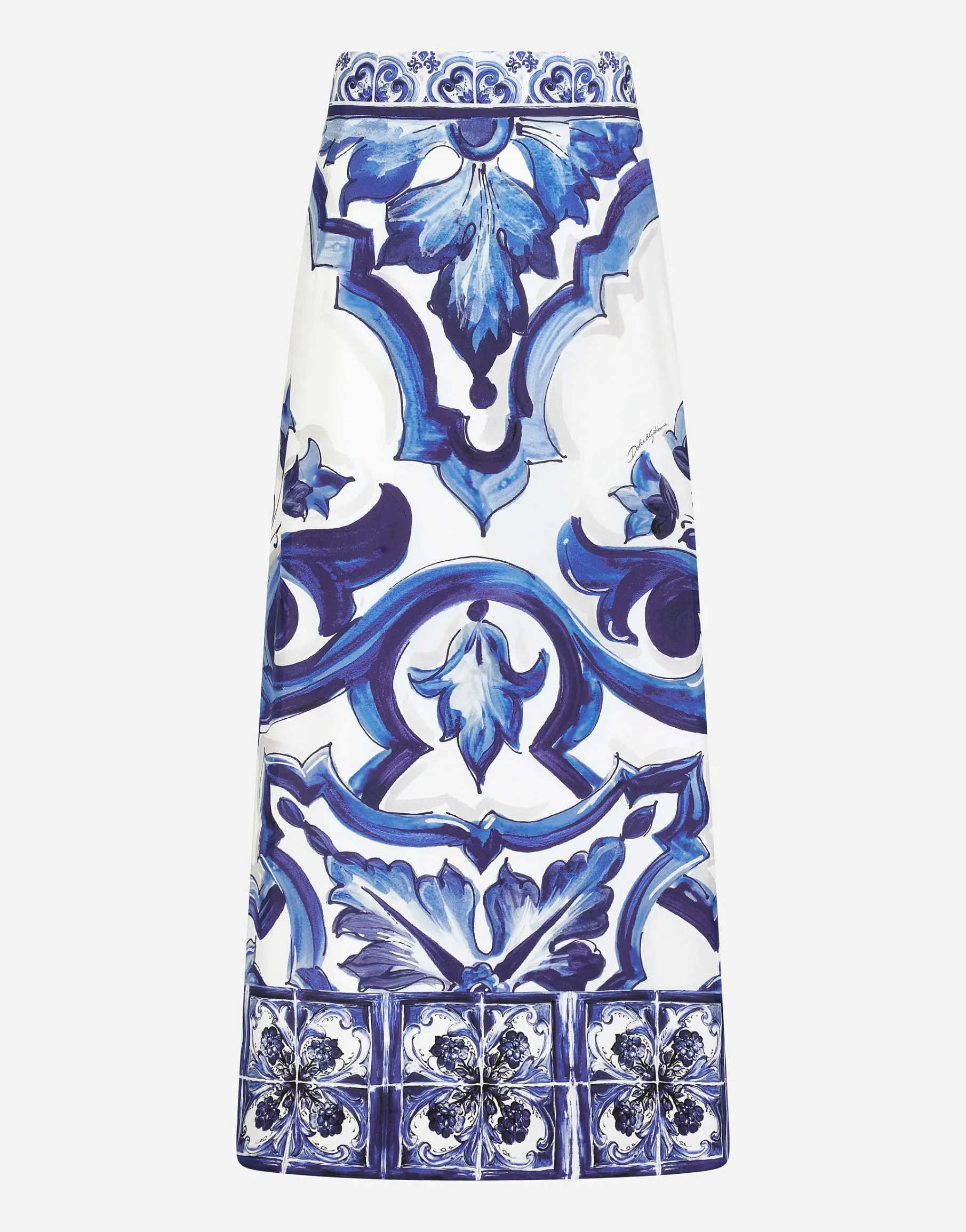 Majolica-print charmeuse calf-length skirt with slit