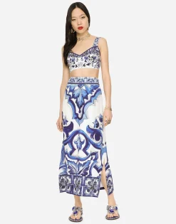 Majolica-print charmeuse calf-length skirt with slit