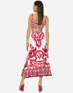 Majolica-print charmeuse calf-length skirt with slit