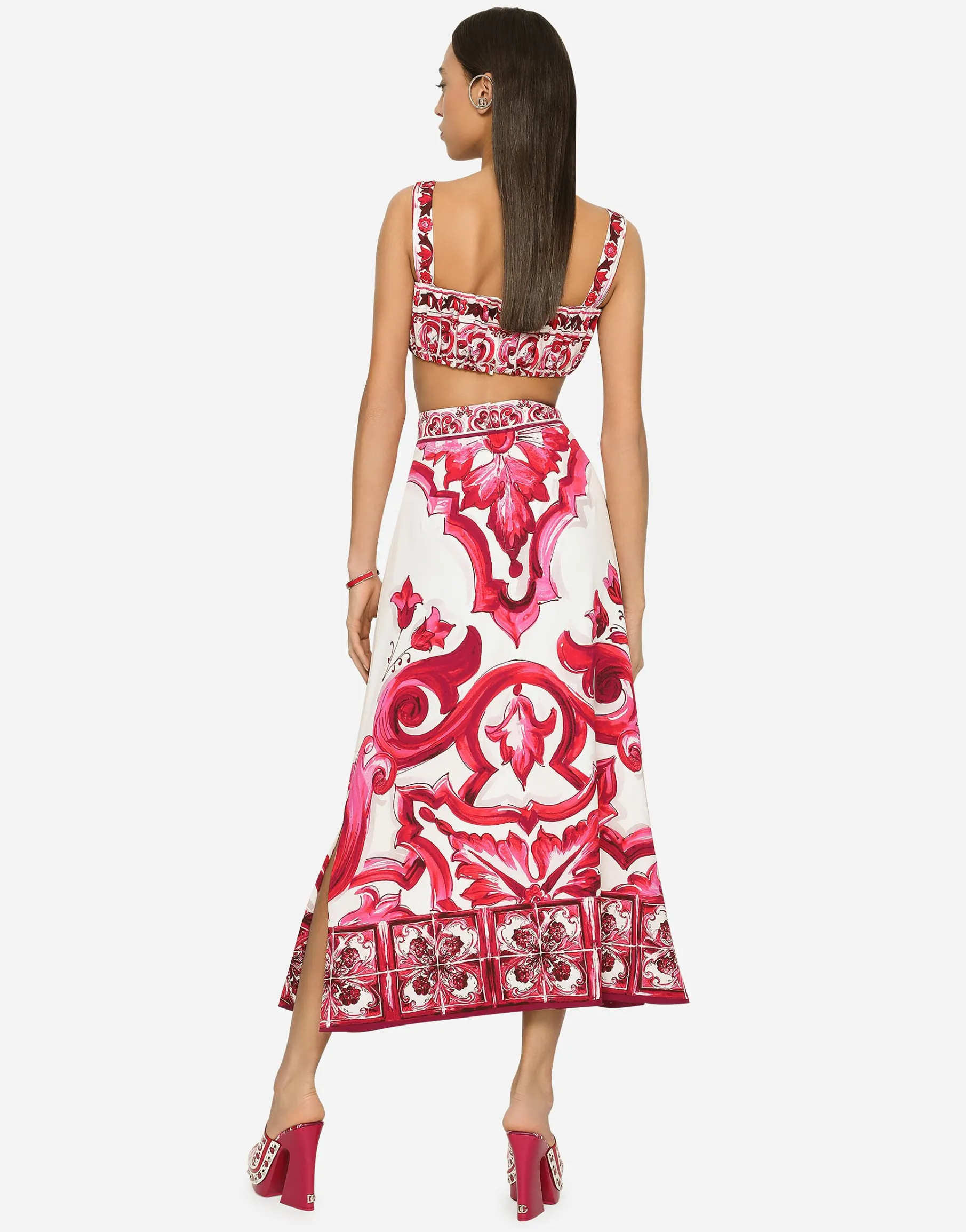 Majolica-print charmeuse calf-length skirt with slit