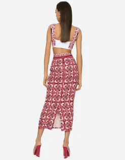 Majolica-print charmeuse calf-length skirt