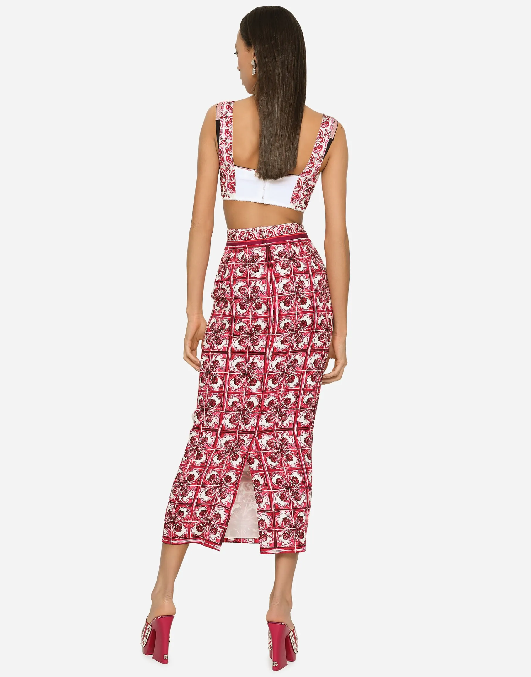 Majolica-print charmeuse calf-length skirt
