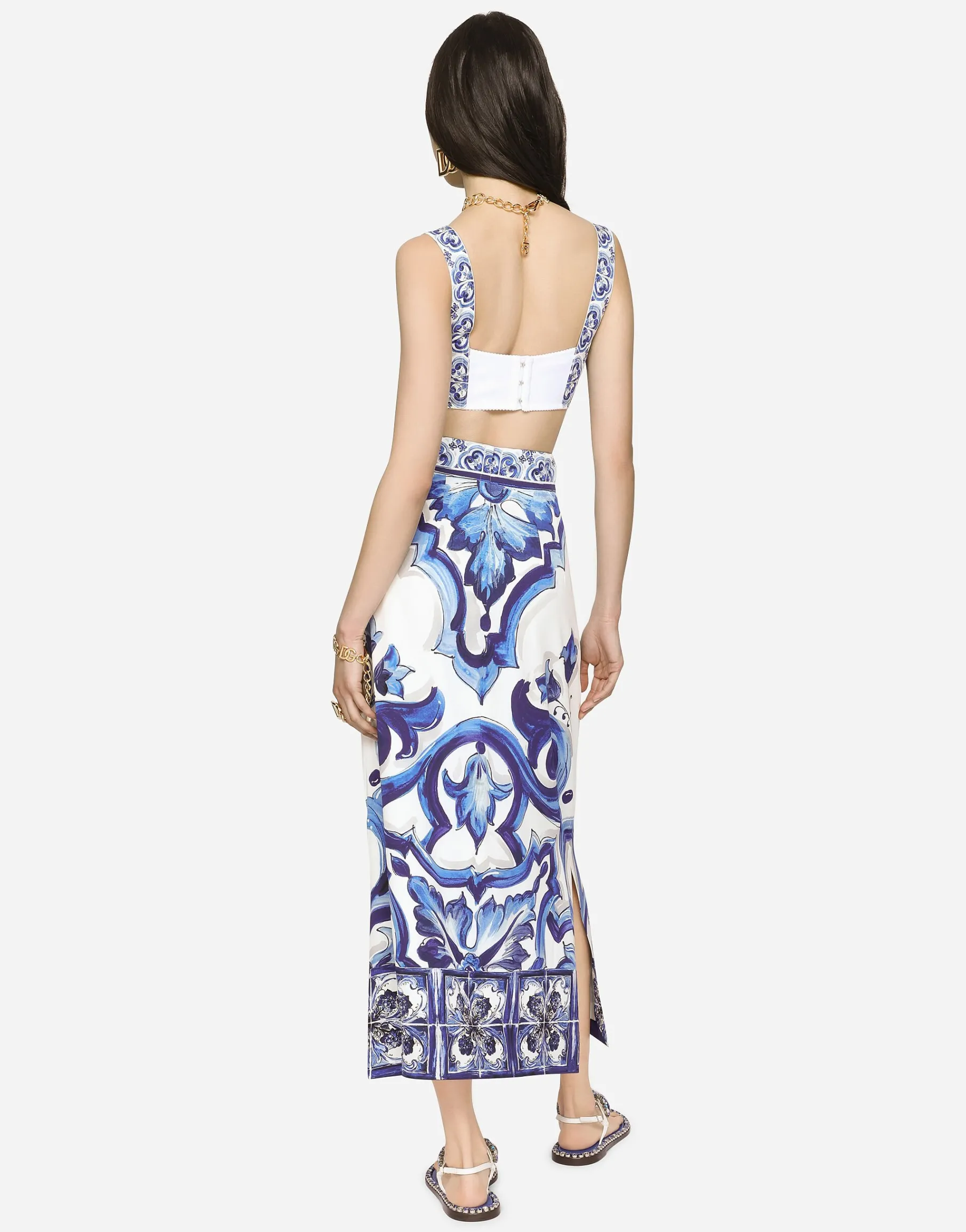 Majolica-print charmeuse calf-length skirt with slit