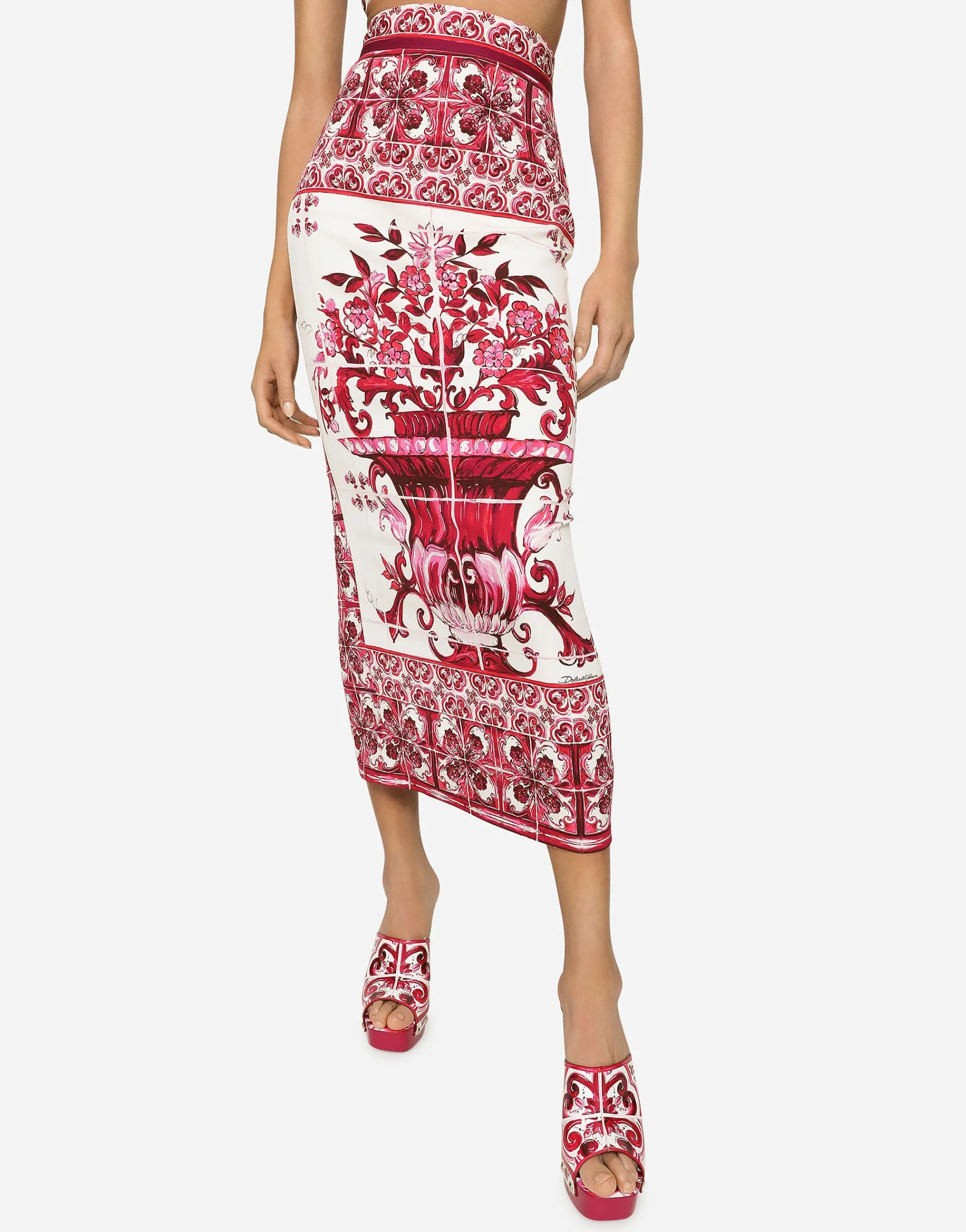 Majolica-print charmeuse calf-length skirt