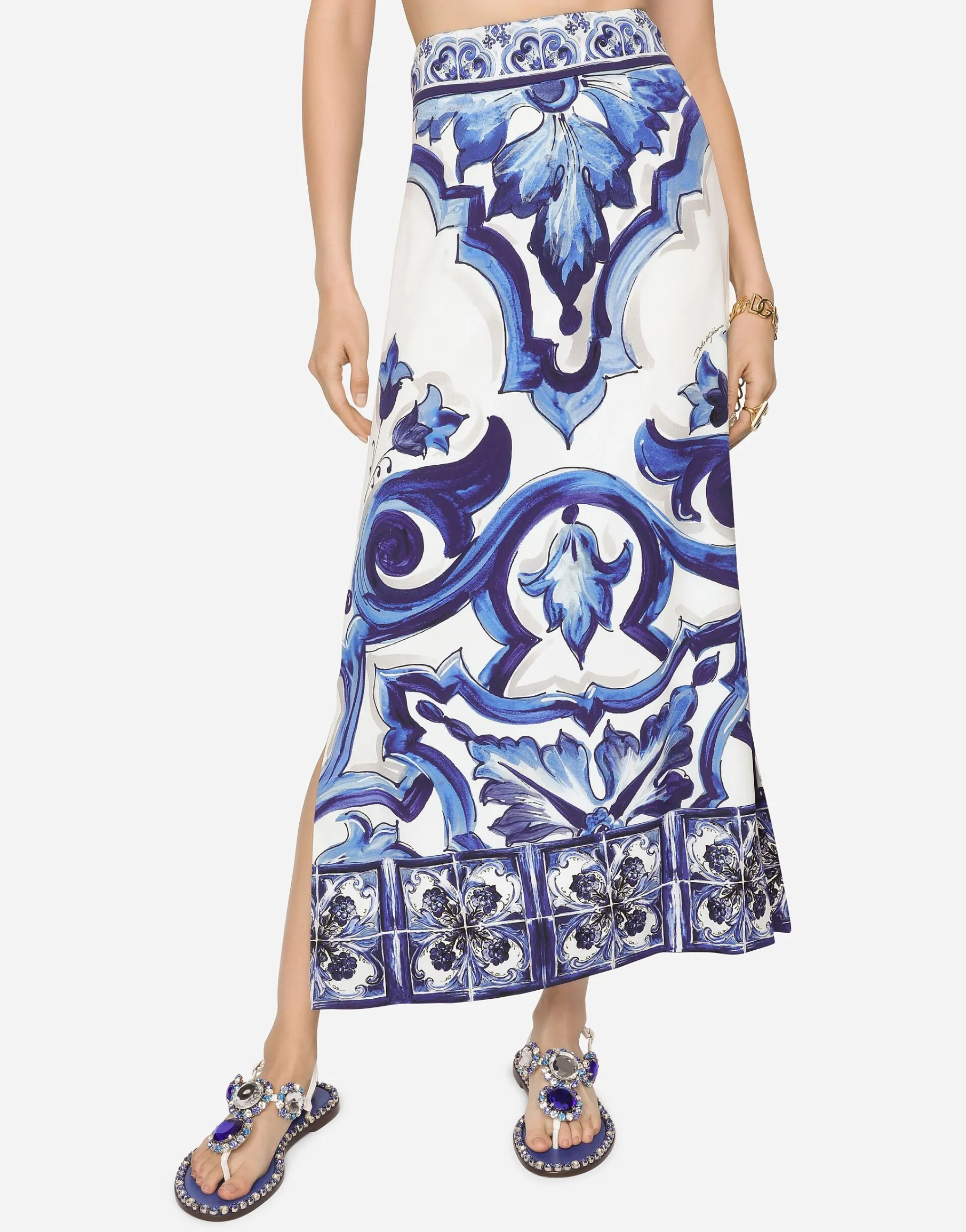 Majolica-print charmeuse calf-length skirt with slit