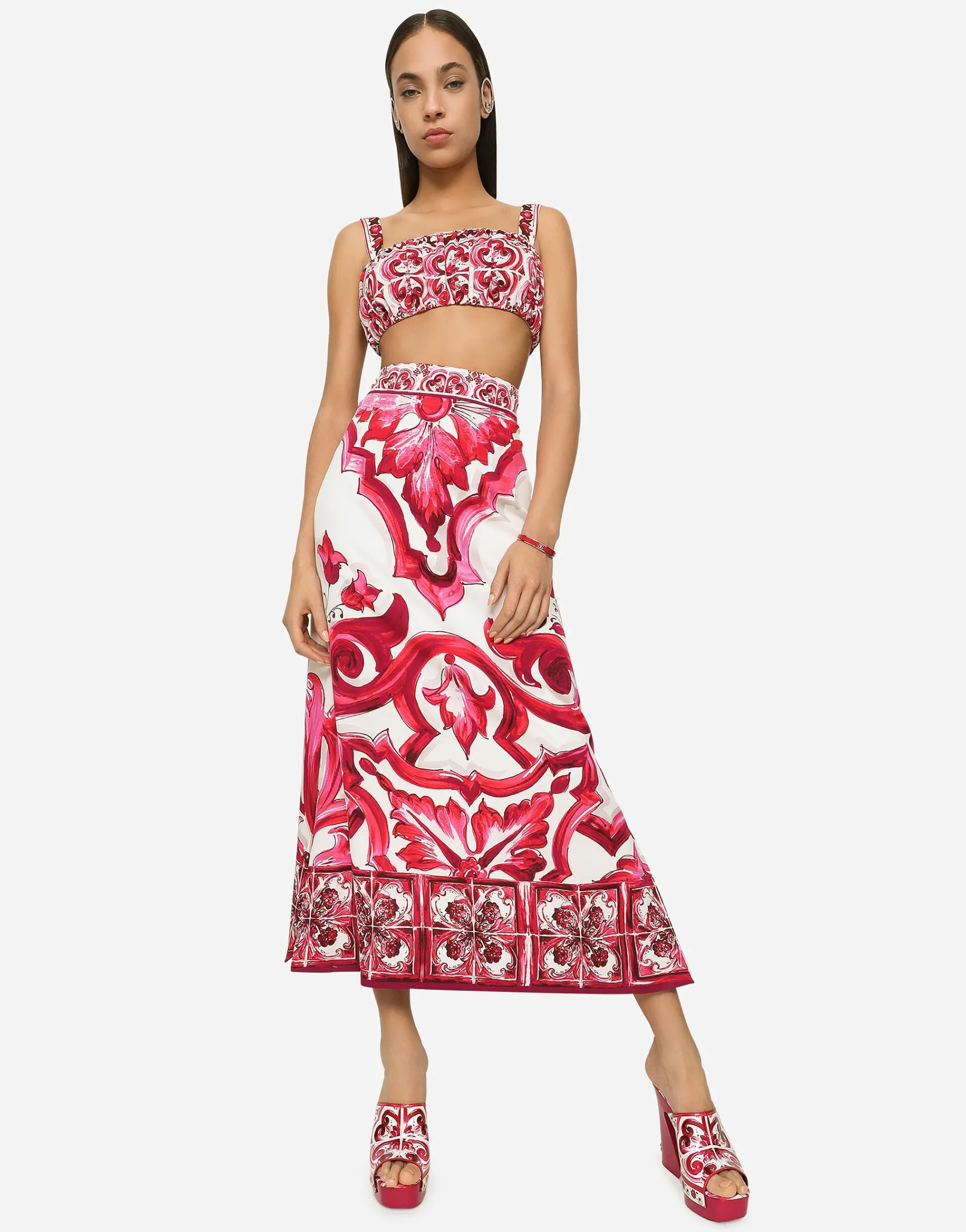 Majolica-print charmeuse calf-length skirt with slit