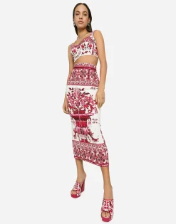 Majolica-print charmeuse calf-length skirt