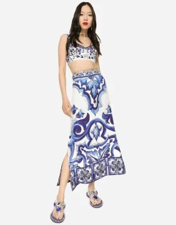 Majolica-print charmeuse calf-length skirt with slit