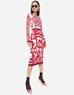 Majolica-print charmeuse midi dress