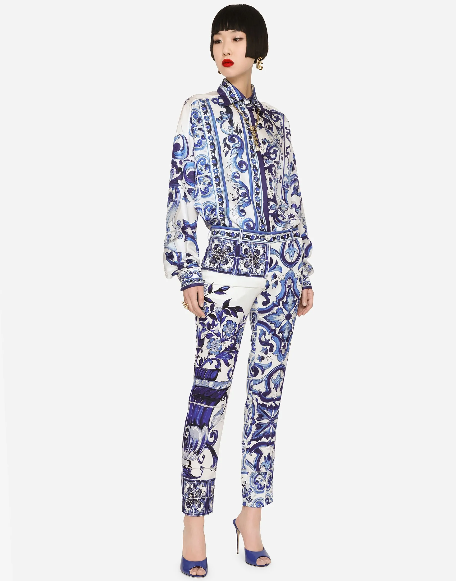 Majolica-print charmeuse pants