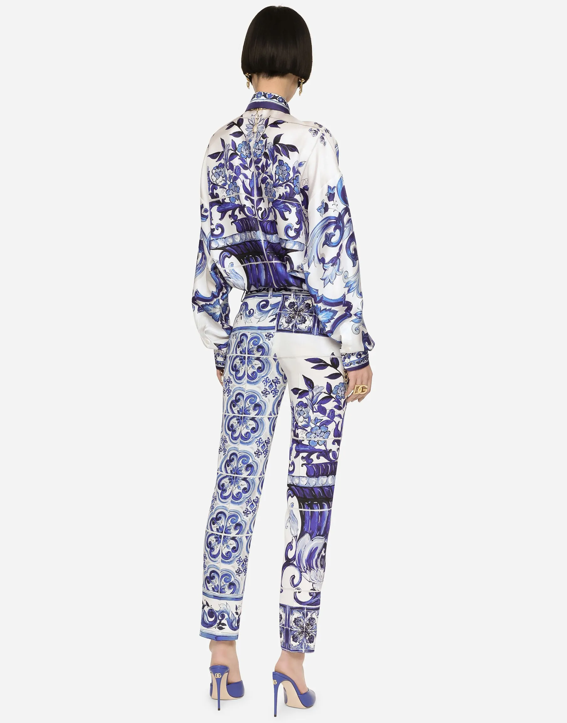 Majolica-print charmeuse pants