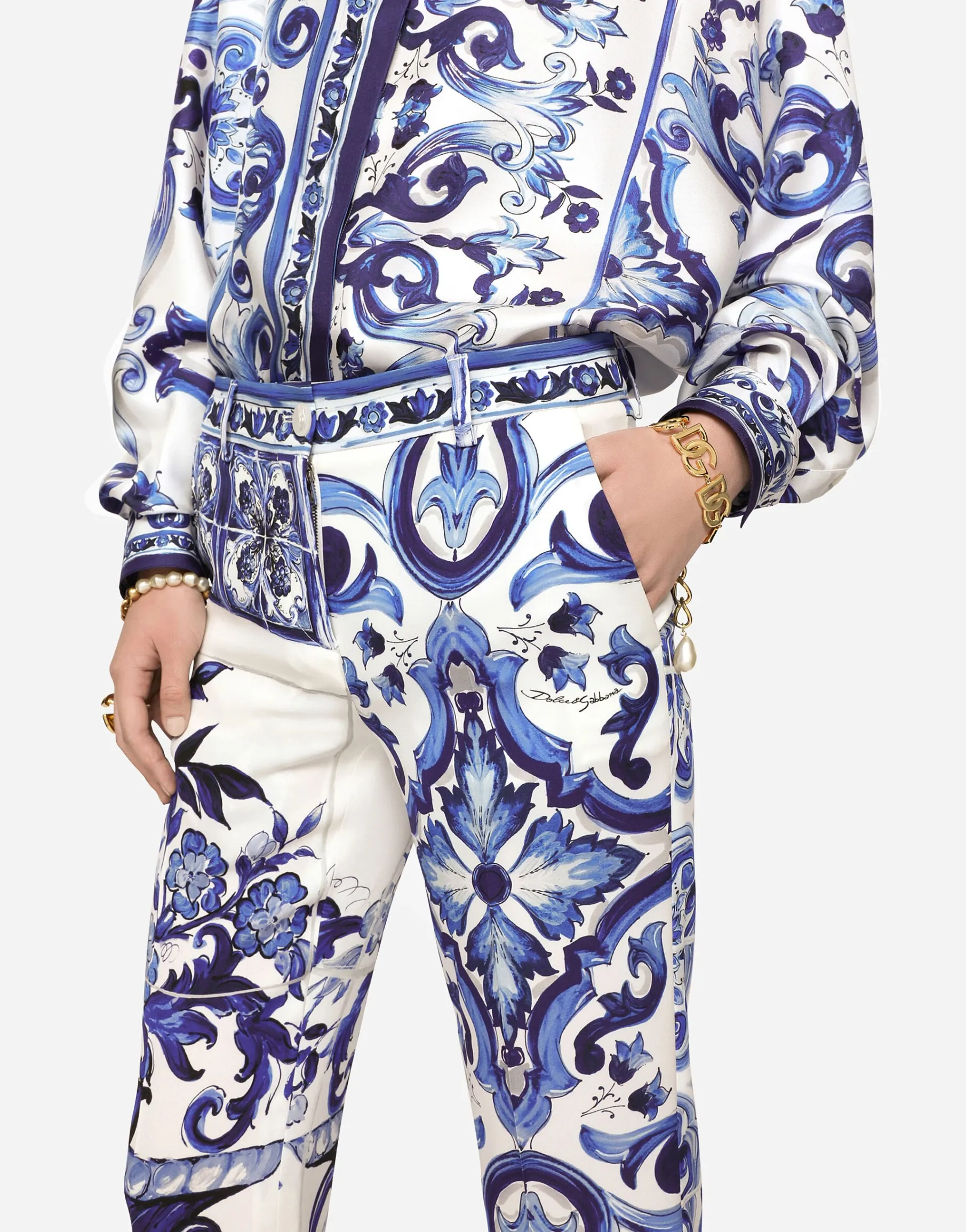 Majolica-print charmeuse pants