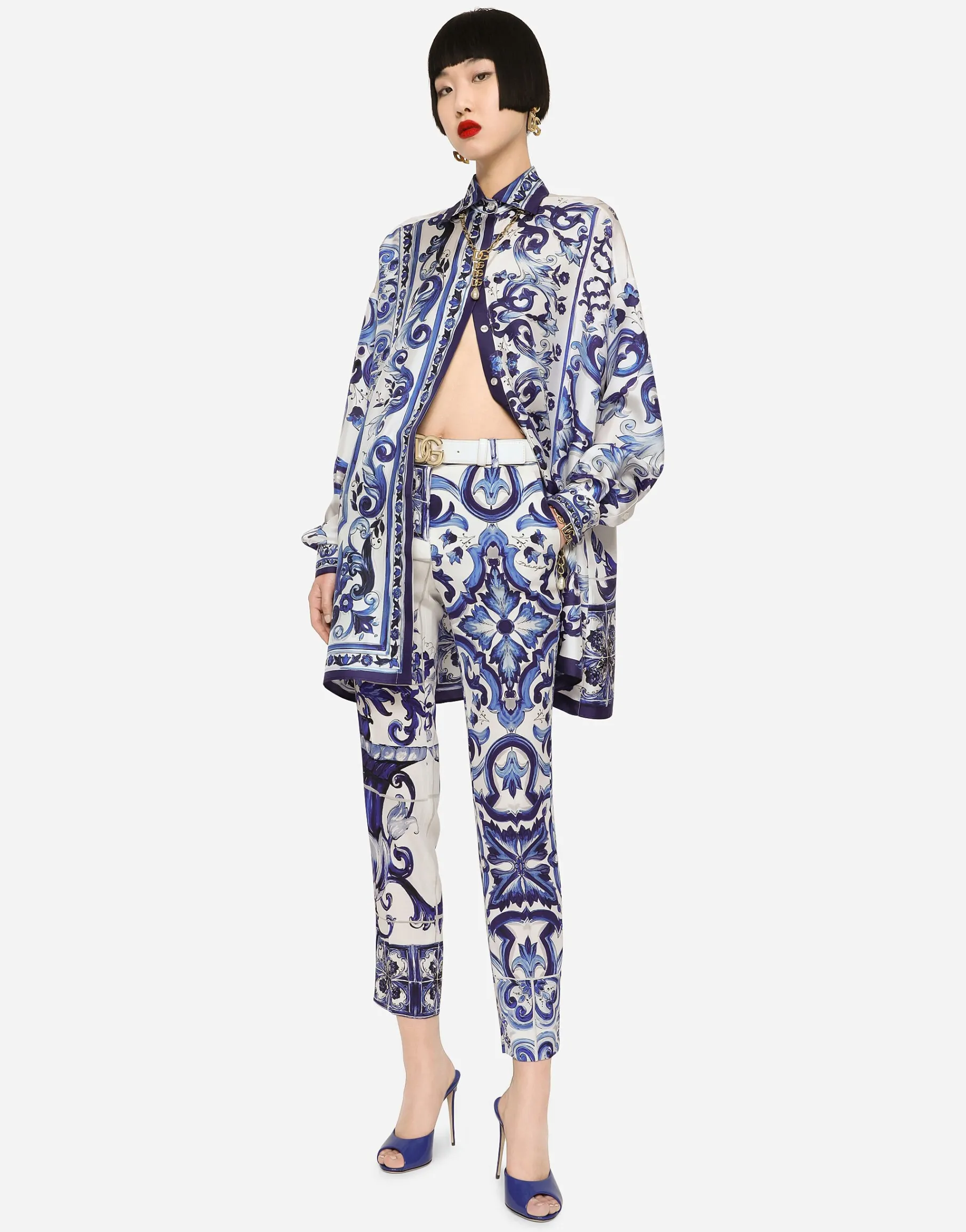 Majolica-print charmeuse pants