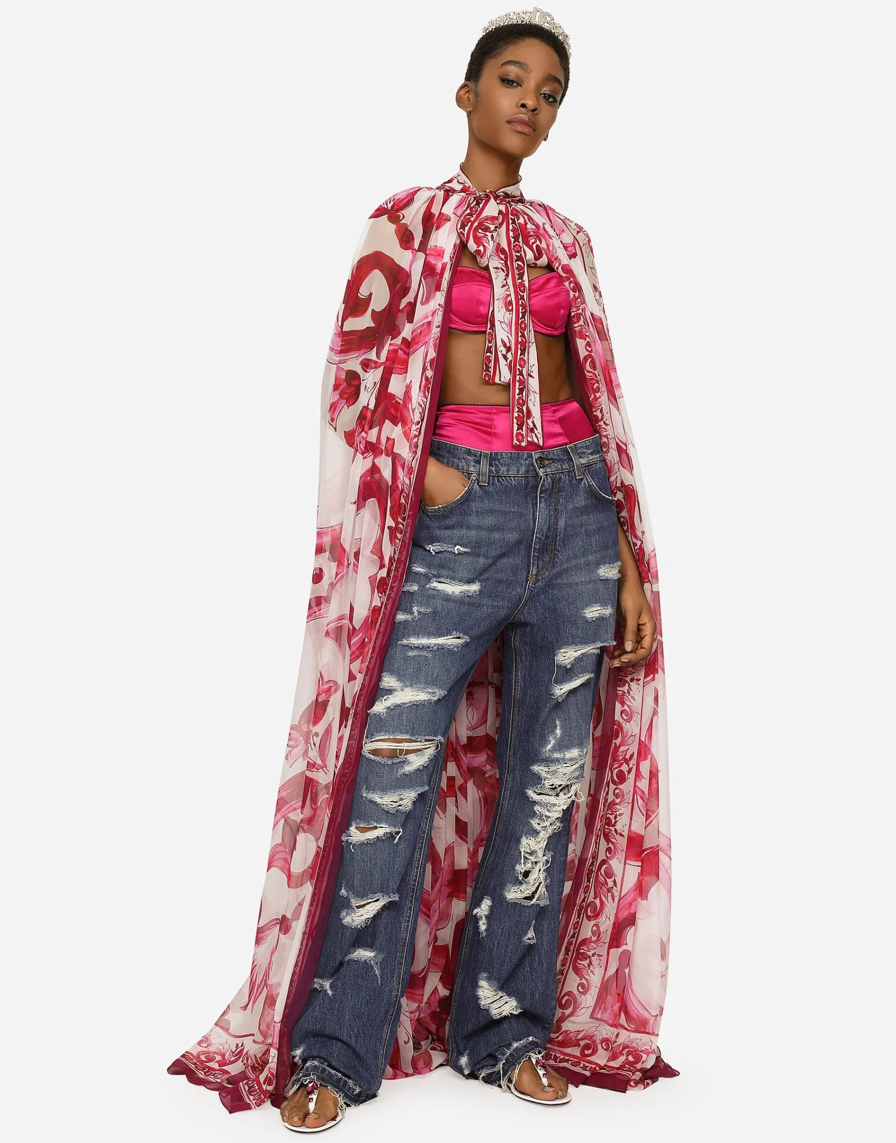 Majolica-print chiffon cape
